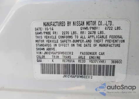 2015 Infiniti Q40 from USA, damaged, VIN JN1CV6AP5FM502312